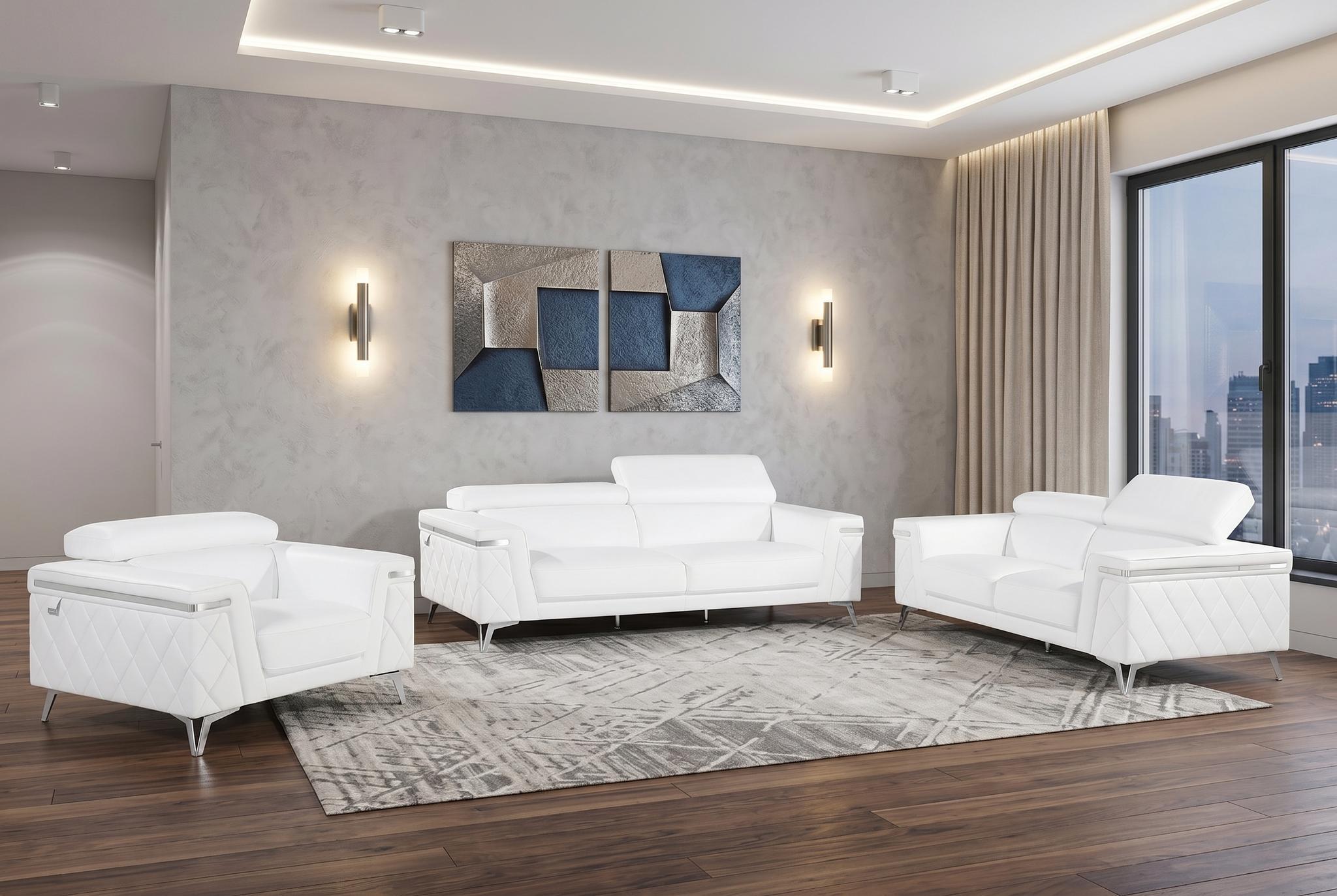 Contemporary 89" Pristine White Top Grain Italian Leather 3-Piece Living Room Set