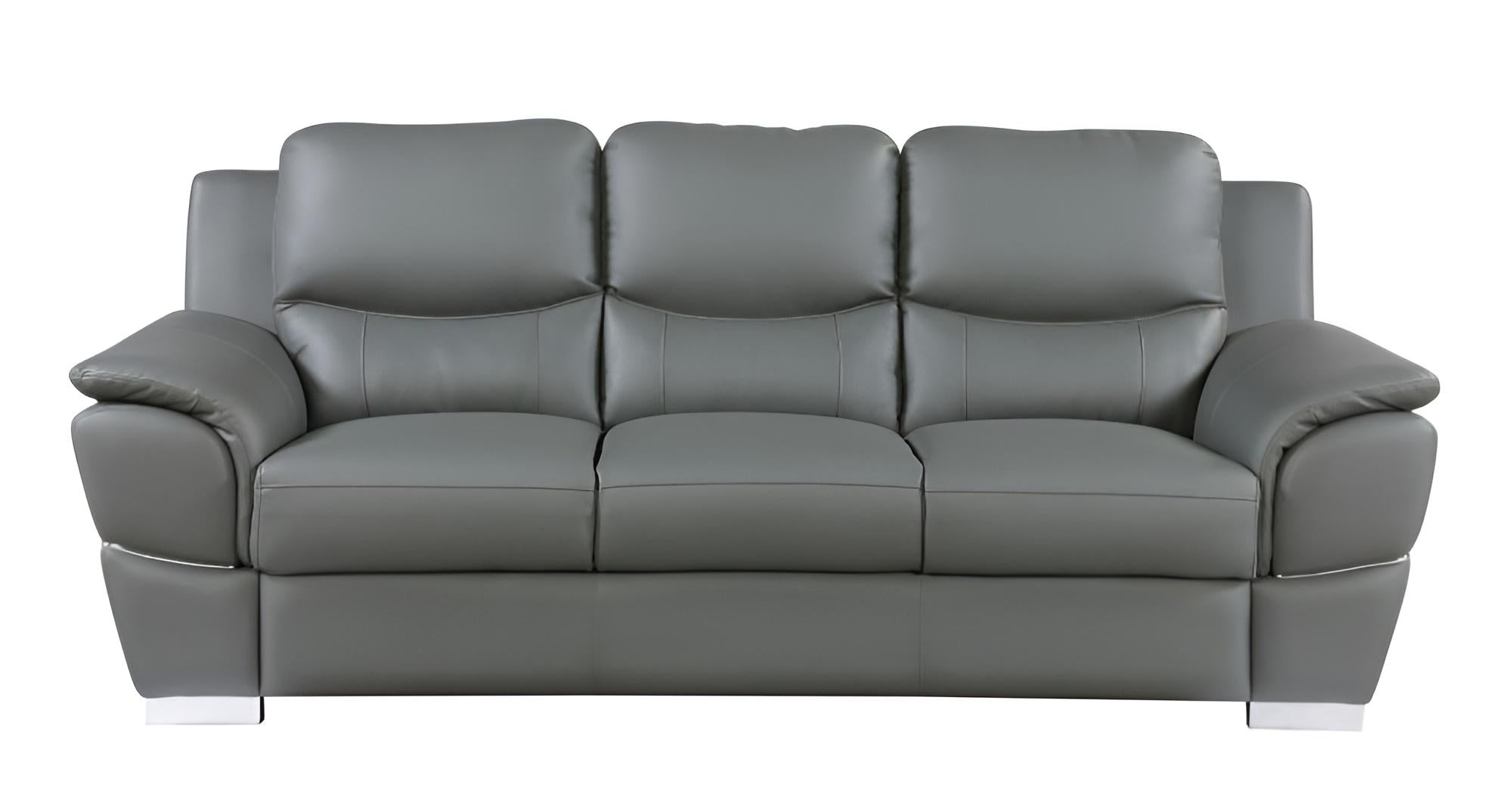 85" Modern Gray Leather Sofa with Silver Stainless Steel Legs