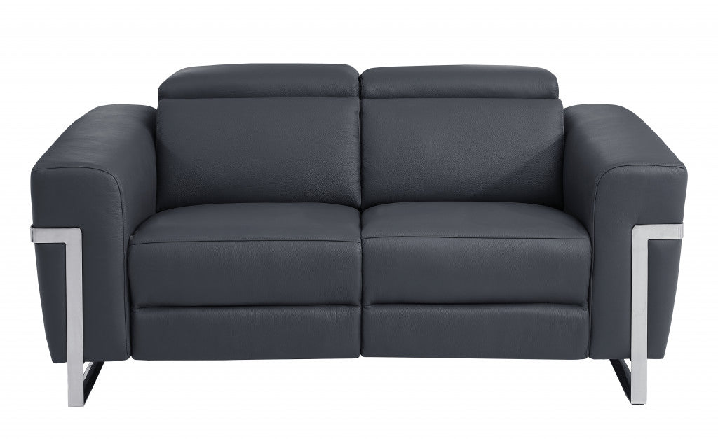 65" Gray Italian Leather Power Reclining Loveseat with Silver Legs