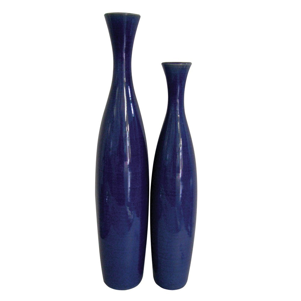 Set of 2 Cobalt Blue Cylinder Ceramic Table Vases