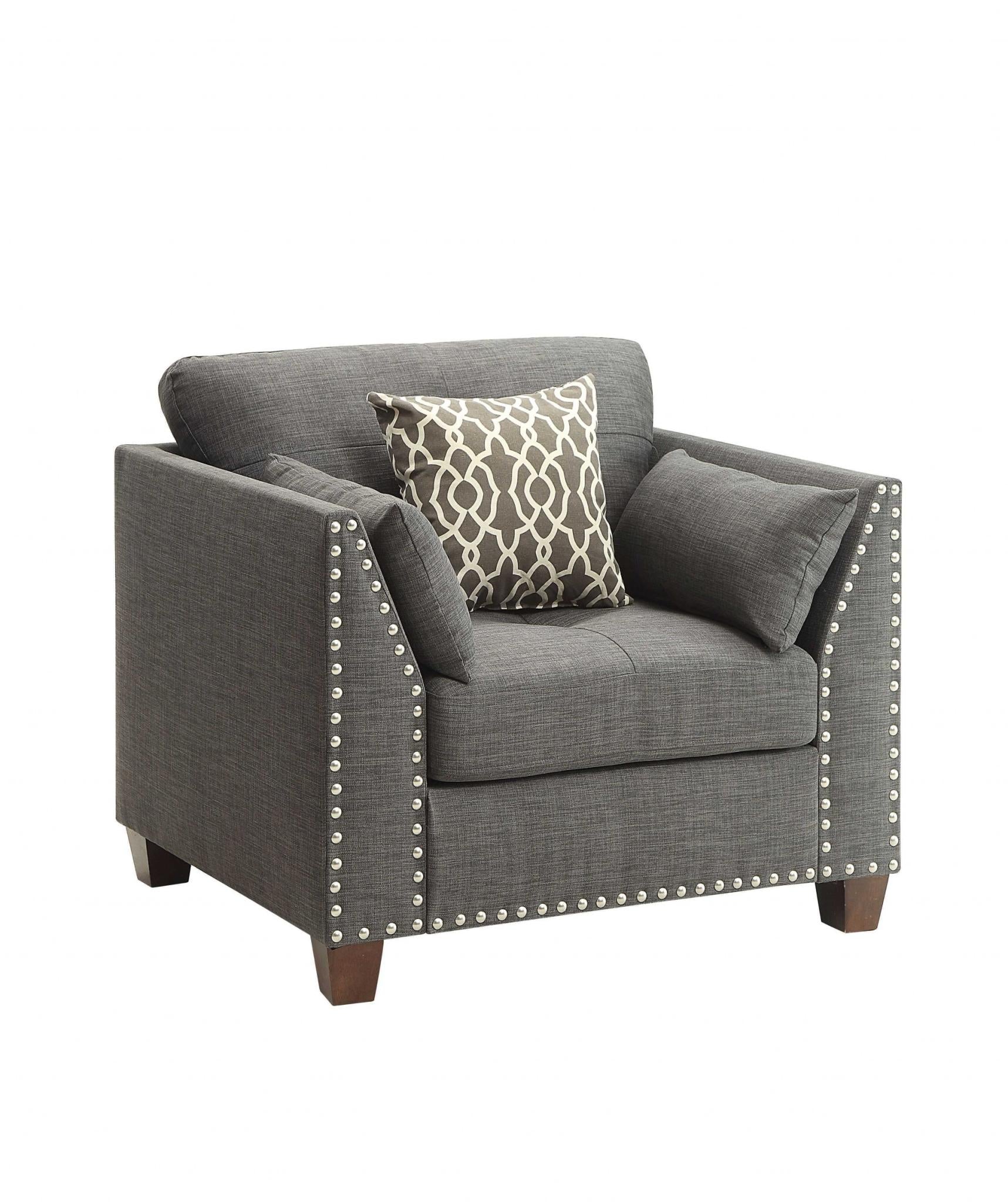Contemporary 34" Tailored Charcoal Linen Accent Armchair with 3 Matching Toss Pillows