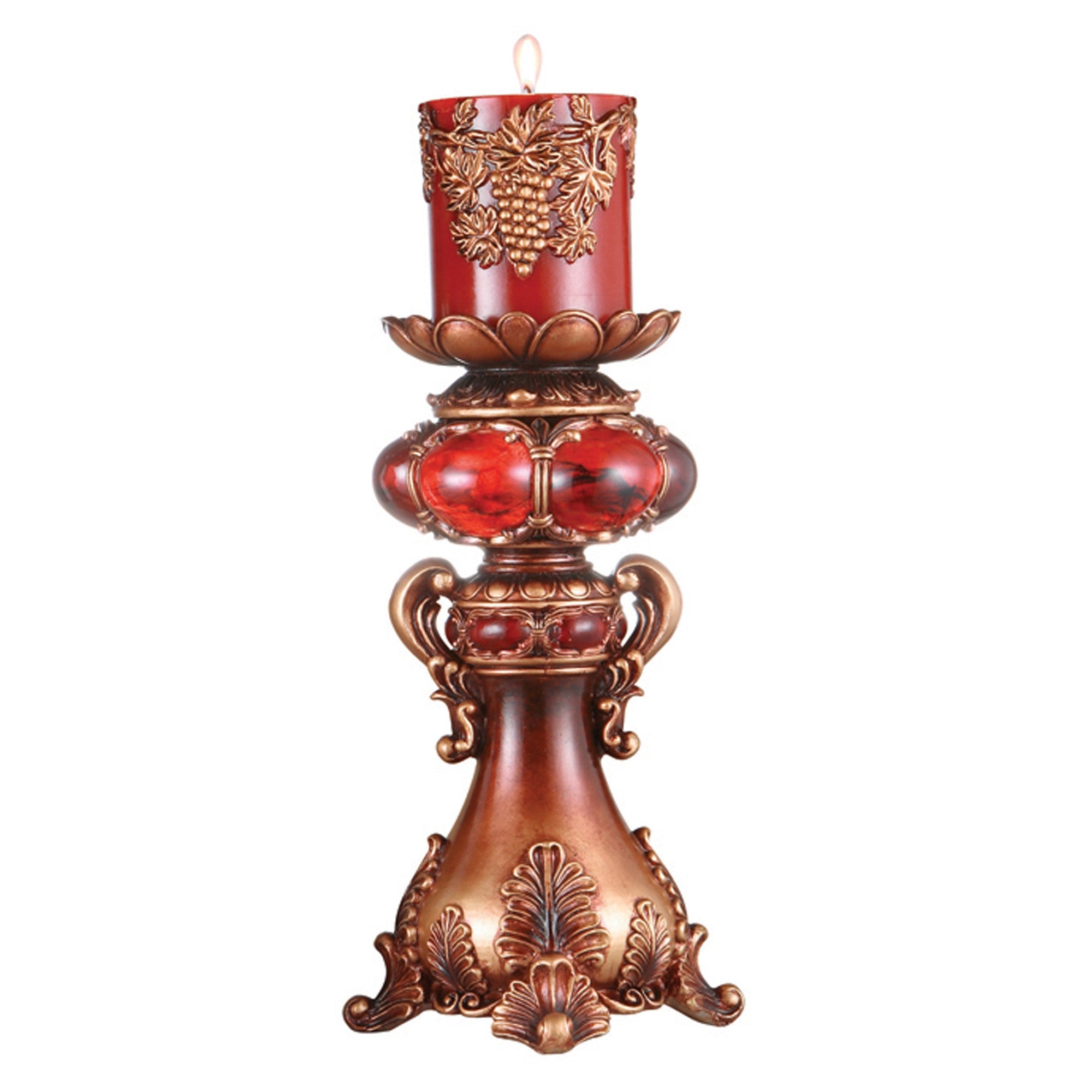 16" Red and Brown Faux Marble Candle Holder with Grapevine Pillar Candle