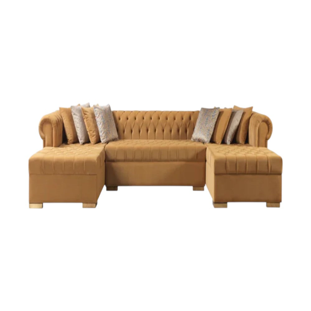 Modern Glam Mustard Velvet U-Shaped 3-Piece Symmetrical Sofa and Chaise Sectional