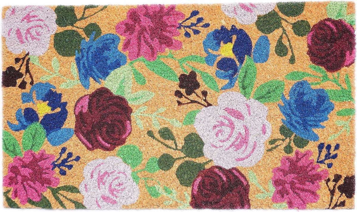 24" x 36" Large Natural Pink & Green Floral Coir Outdoor Doormat