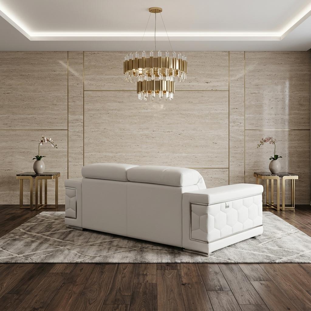 71" Modern White Italian Leather Sofa with Silver Legs