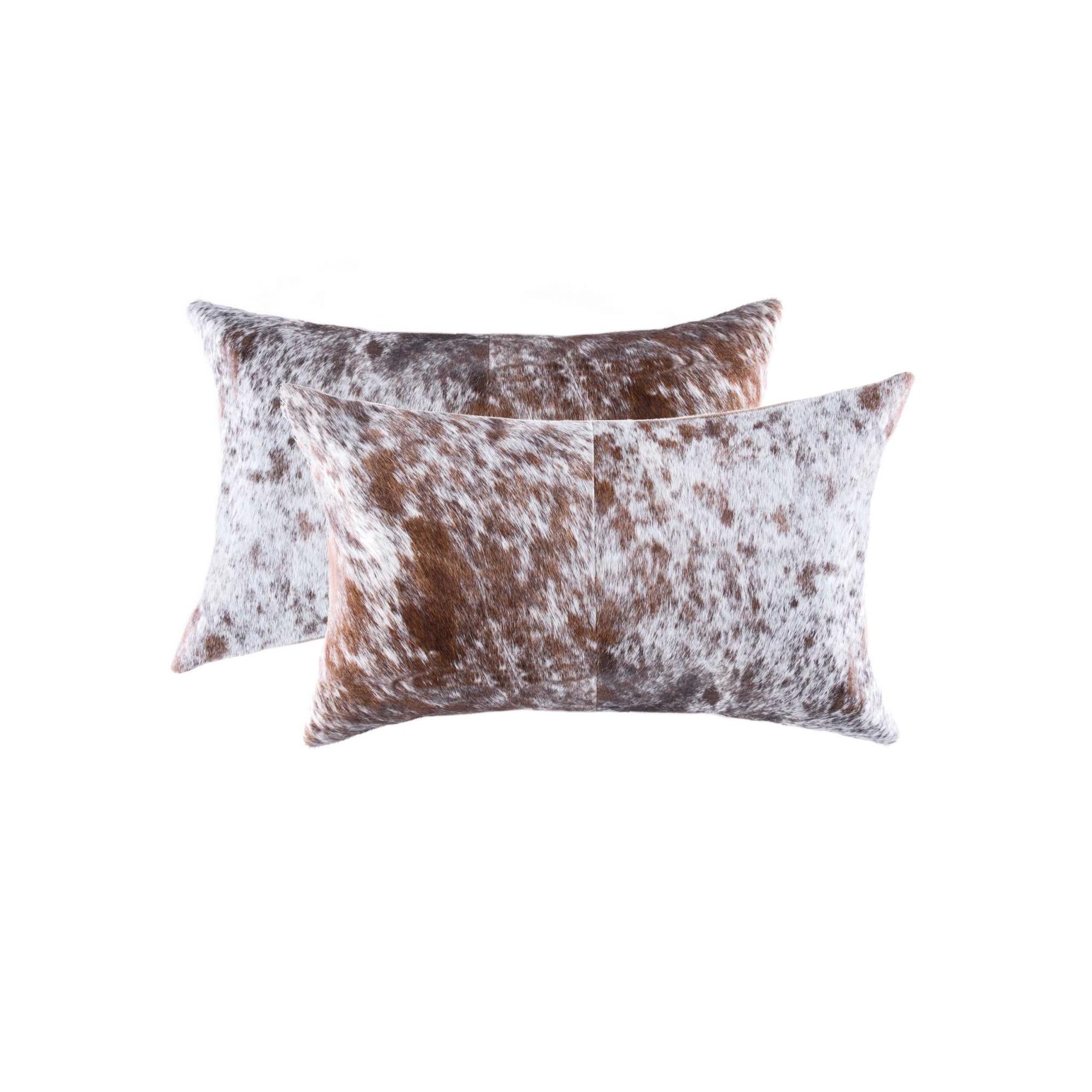 Set of 2 Lumbar Genuine Leather  Brown and White Throw Pillows