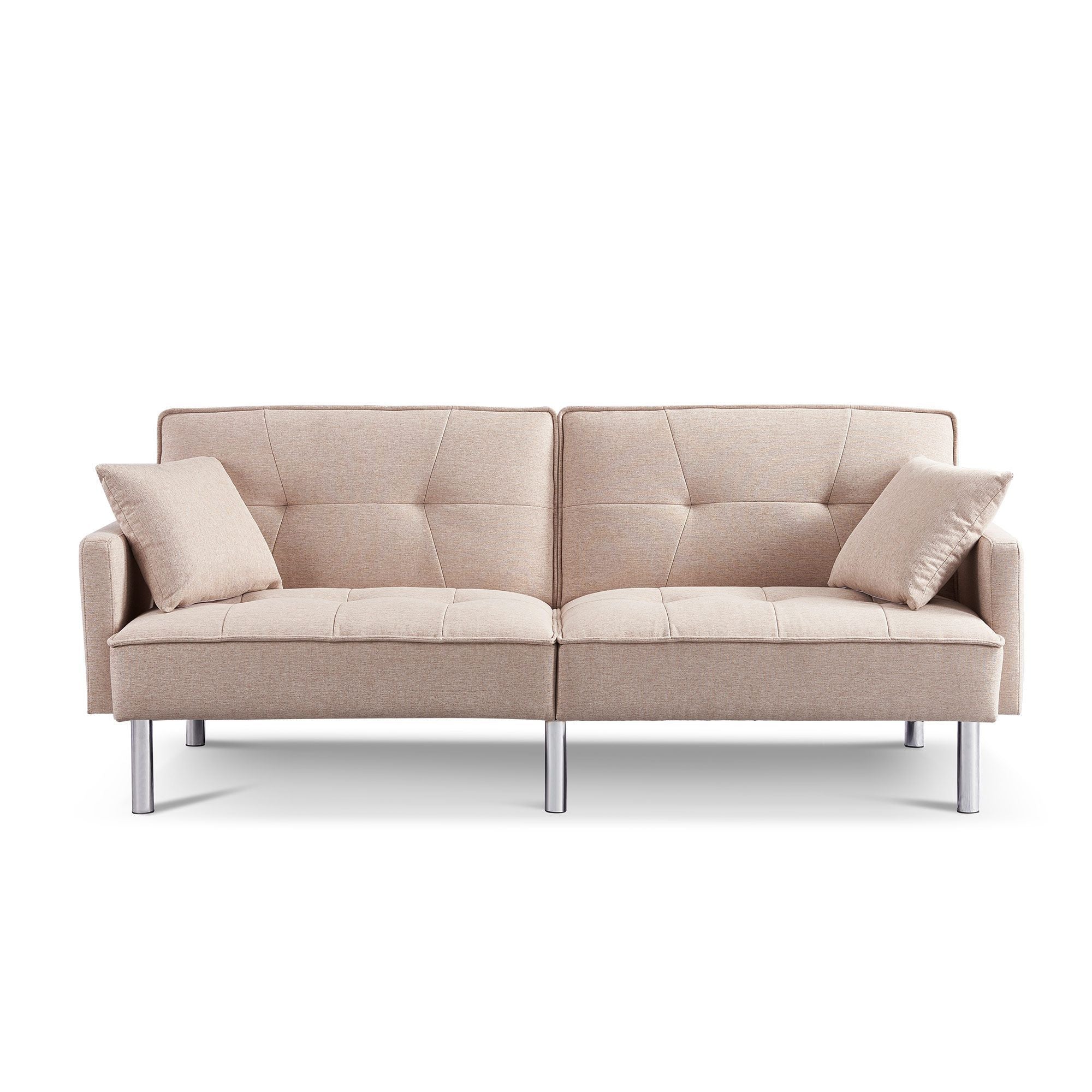 85" Modern Beige Polyester Blend Convertible Futon Sleeper Sofa with Silver Legs