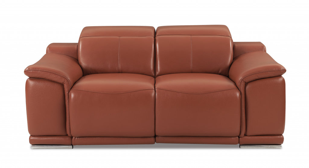 72" Camel Italian Leather Power Reclining Loveseat with Silver Legs