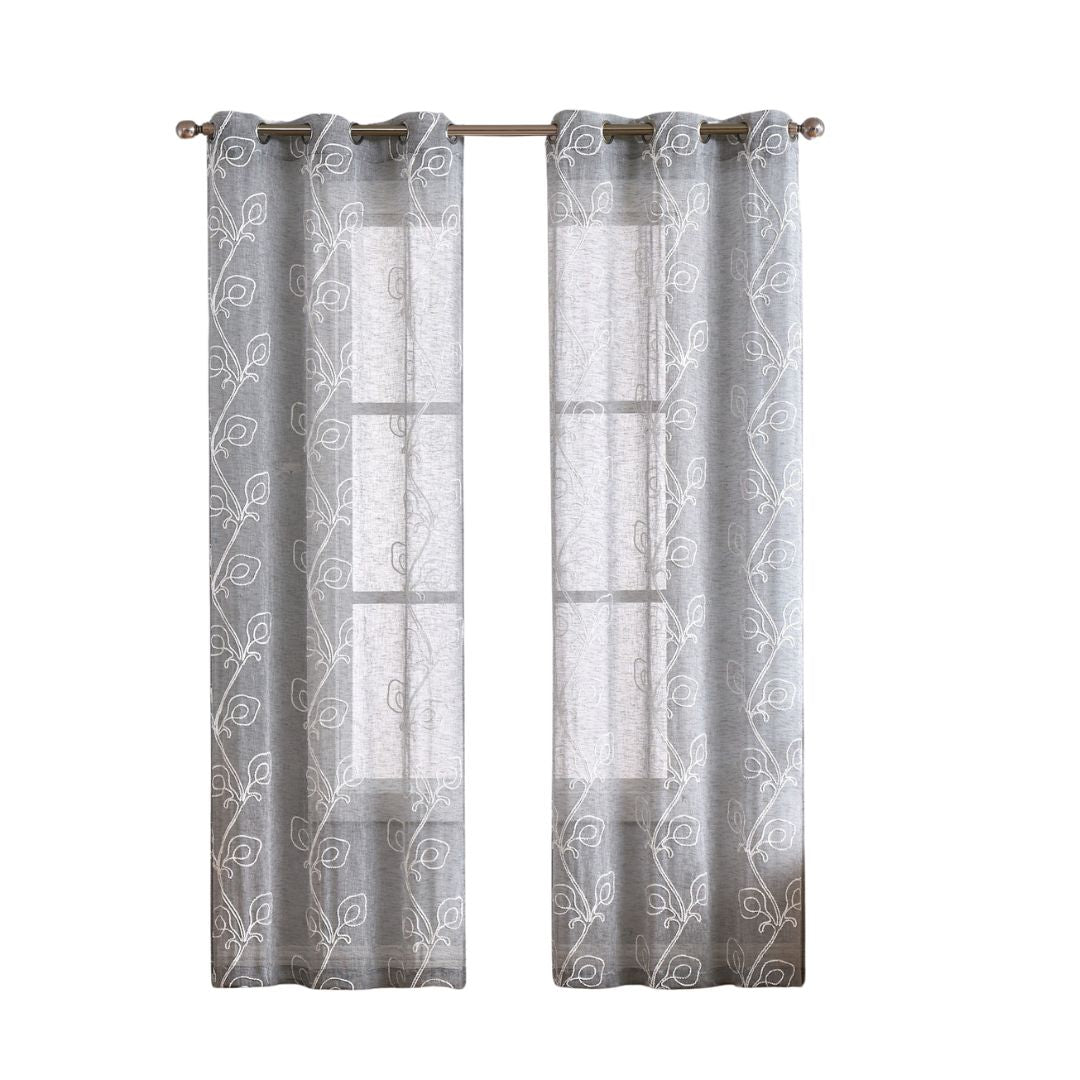 Set of 2 Silver Boho Embroidered Semi-Sheer Window Curtain Panels