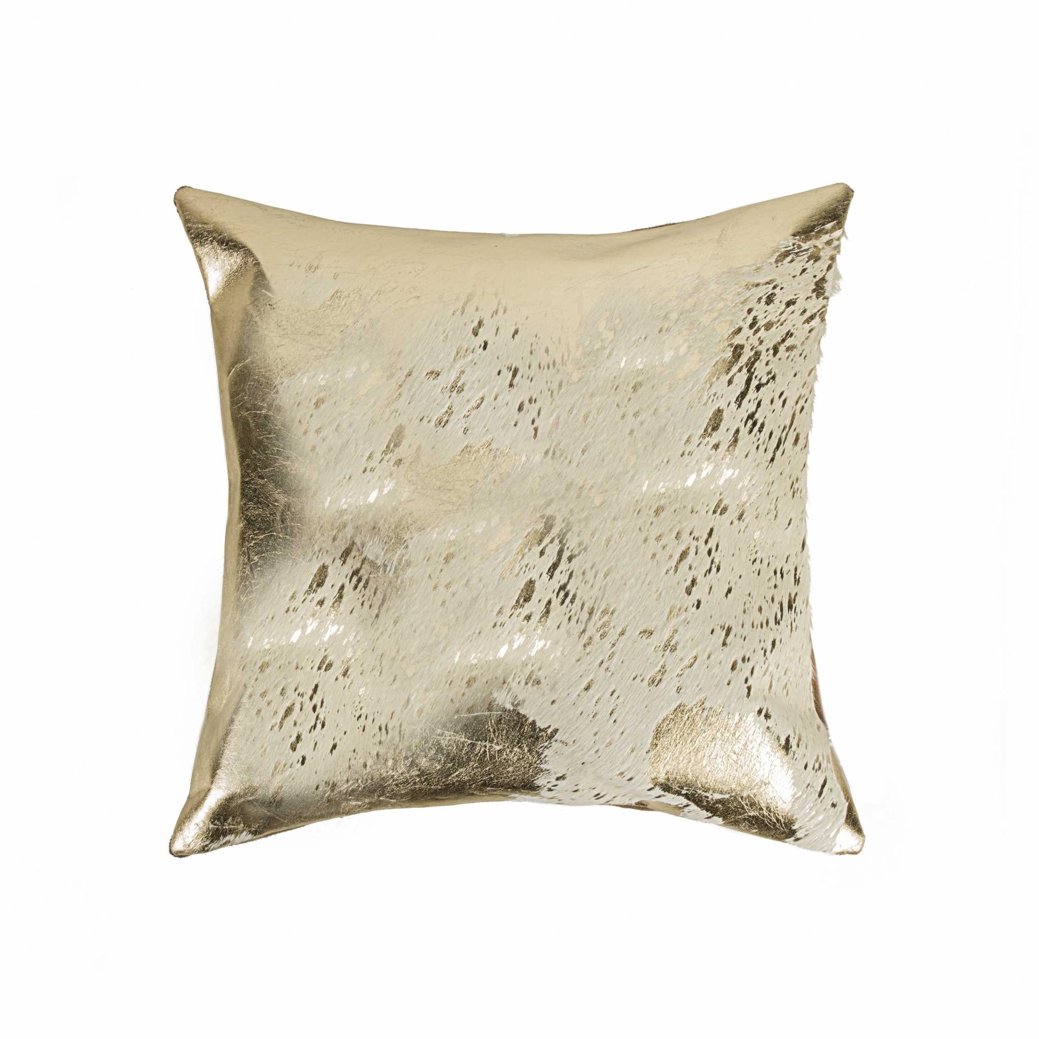 Beige and Gold Metallic Abstract Leather Accent Pillow