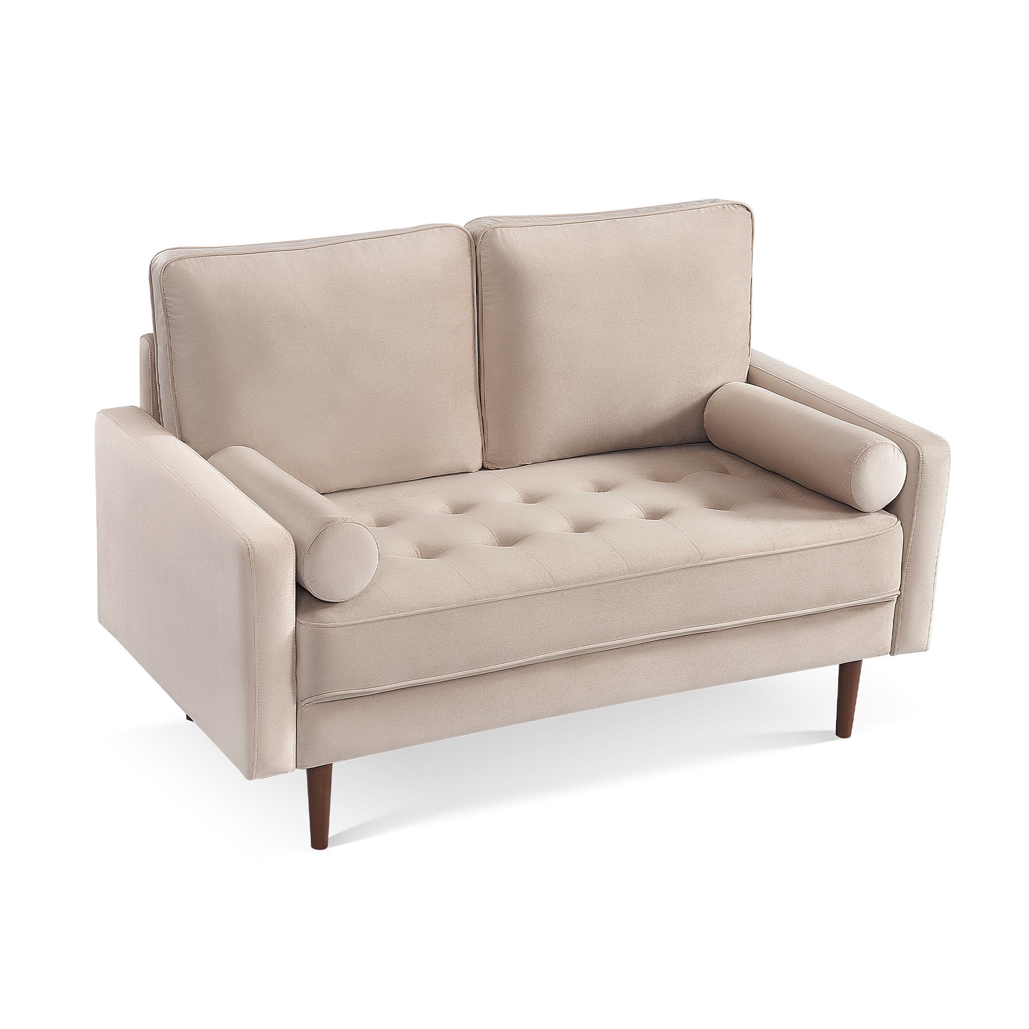 57" Mid-Century Beige Velvet Loveseat with Dark Brown Wood Legs