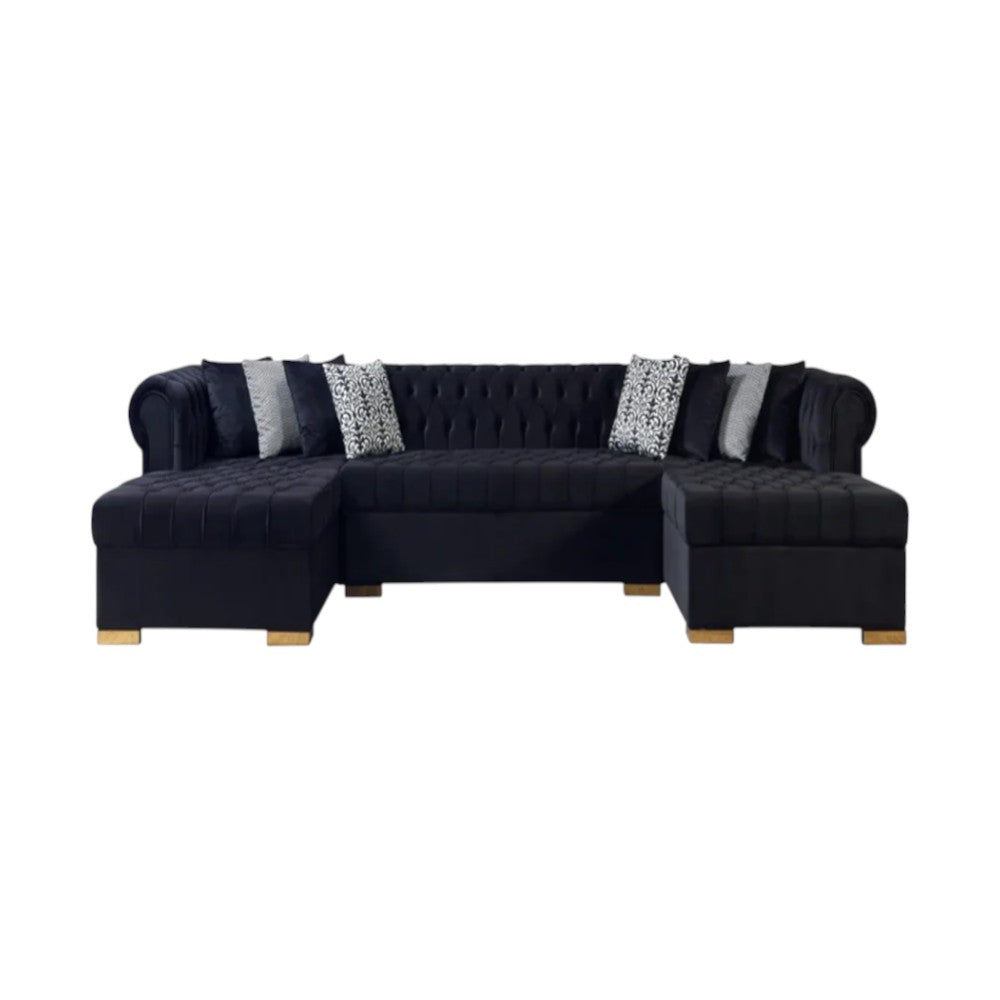 Modern Black Velvet U-Shaped 3-Piece Symmetrical Sofa and Chaise Sectional