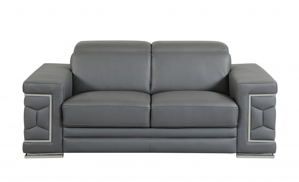 71" Modern Dark Gray Genuine Leather Loveseat with Silver Legs