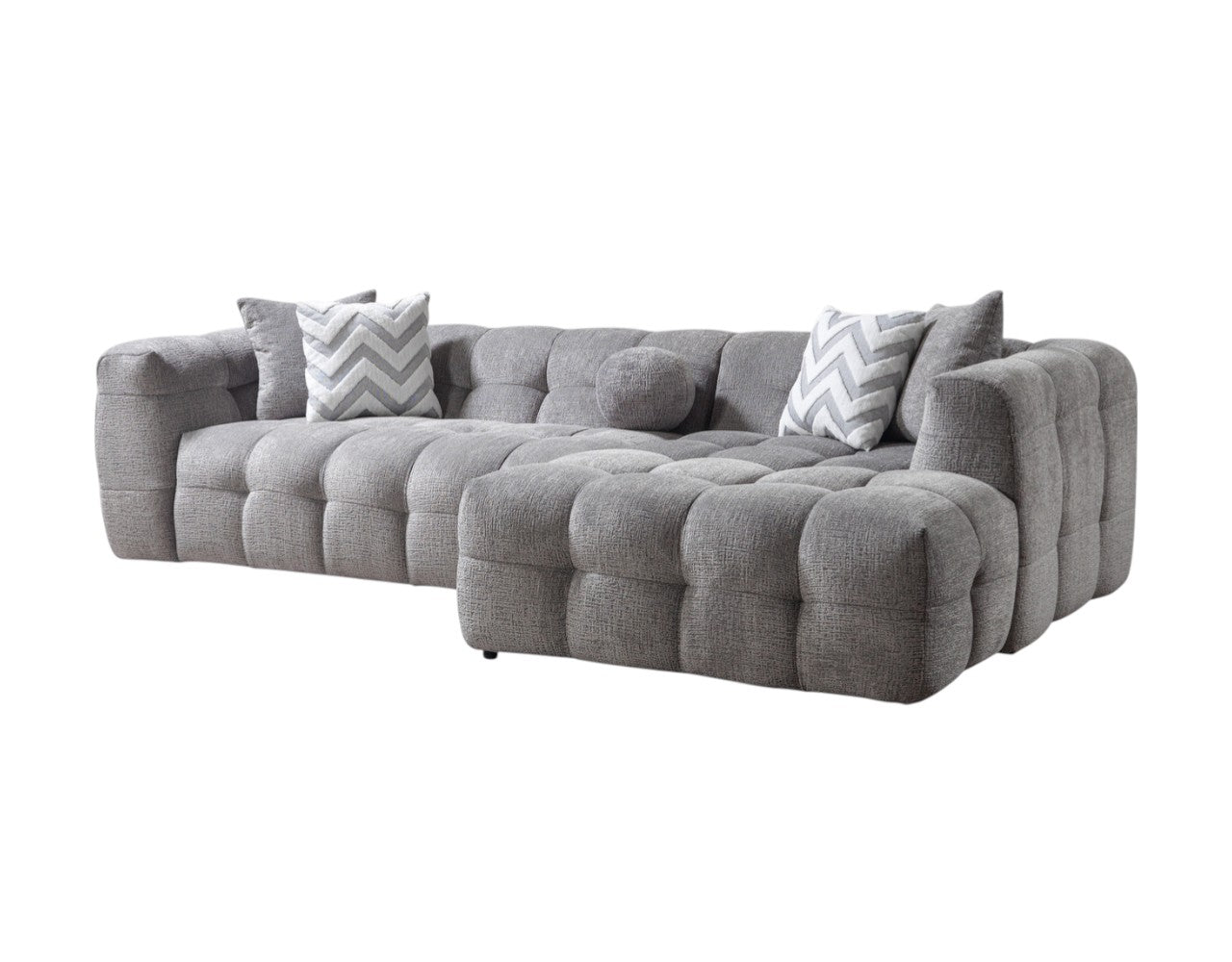 Modern Light Gray Boucle L-Shaped 2-Piece Right Hand Facing Sofa and Chaise Sectional with Toss Pillows