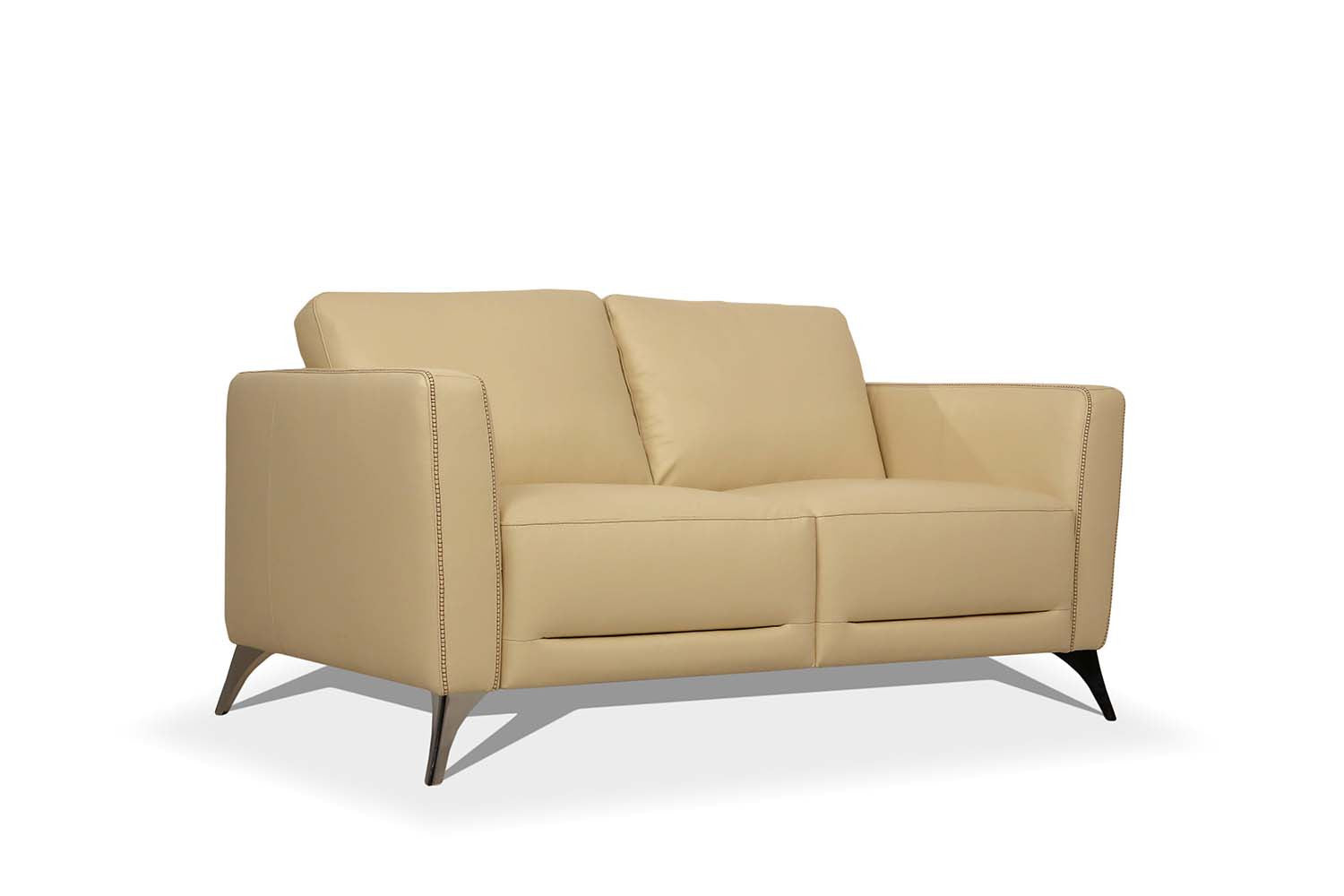 59" Contemporary Cream Genuine Leather Loveseat with Silver Legs