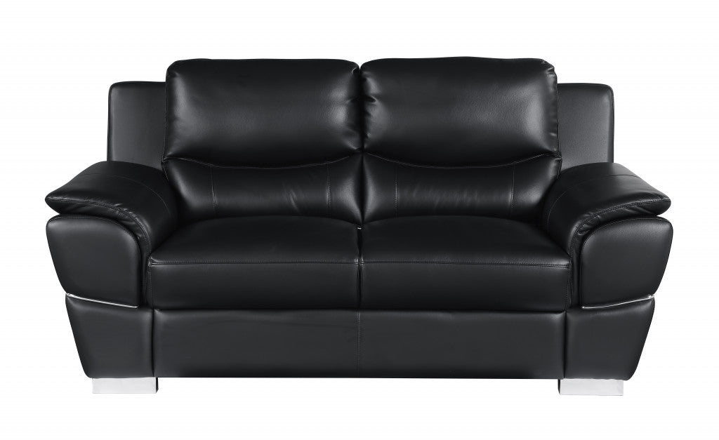 69" Chic Black Faux Leather Loveseat with Silver Chrome Legs
