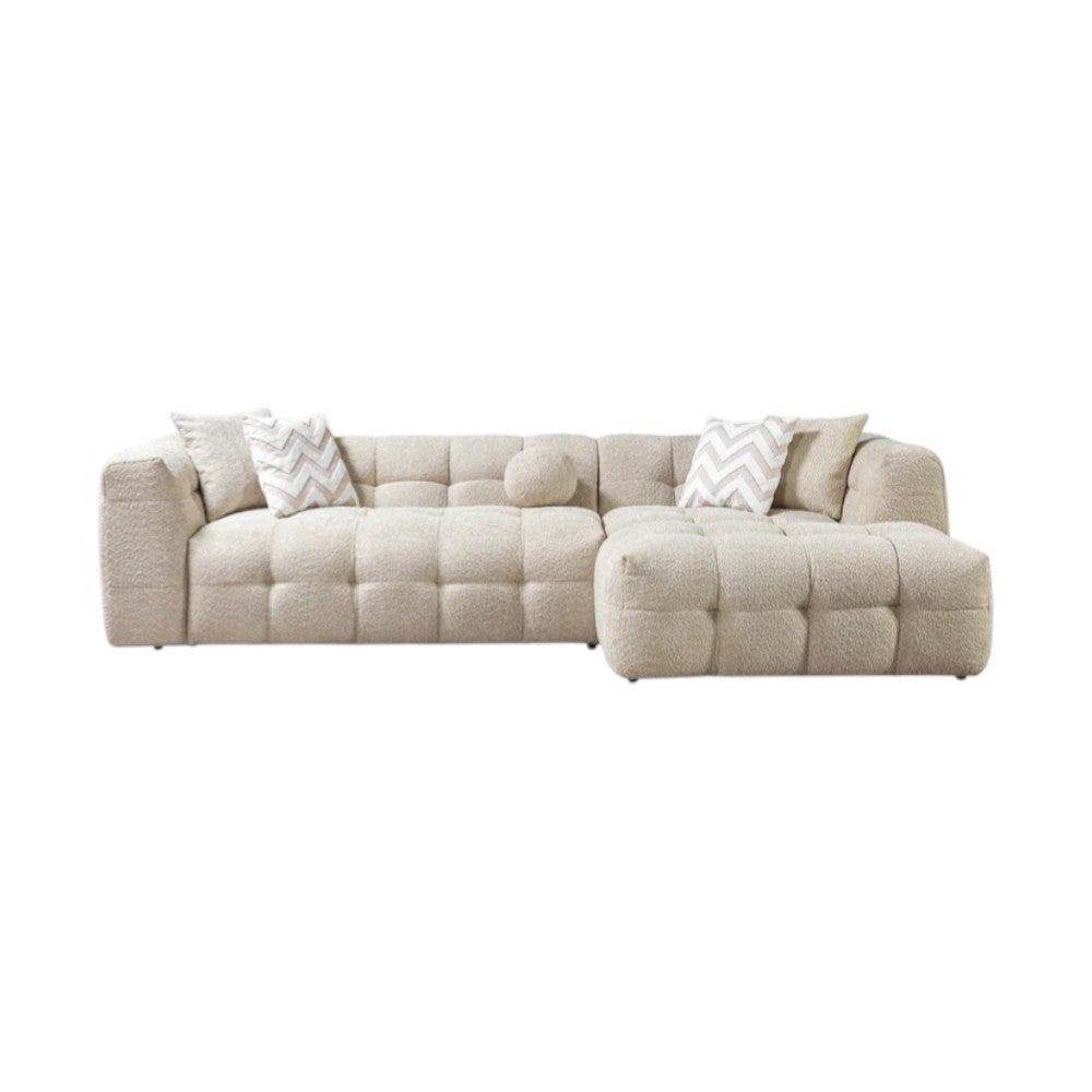Modern Ivory Boucle L-Shaped 2-Piece Right Hand Facing Sofa and Chaise Sectional With Toss Pillows