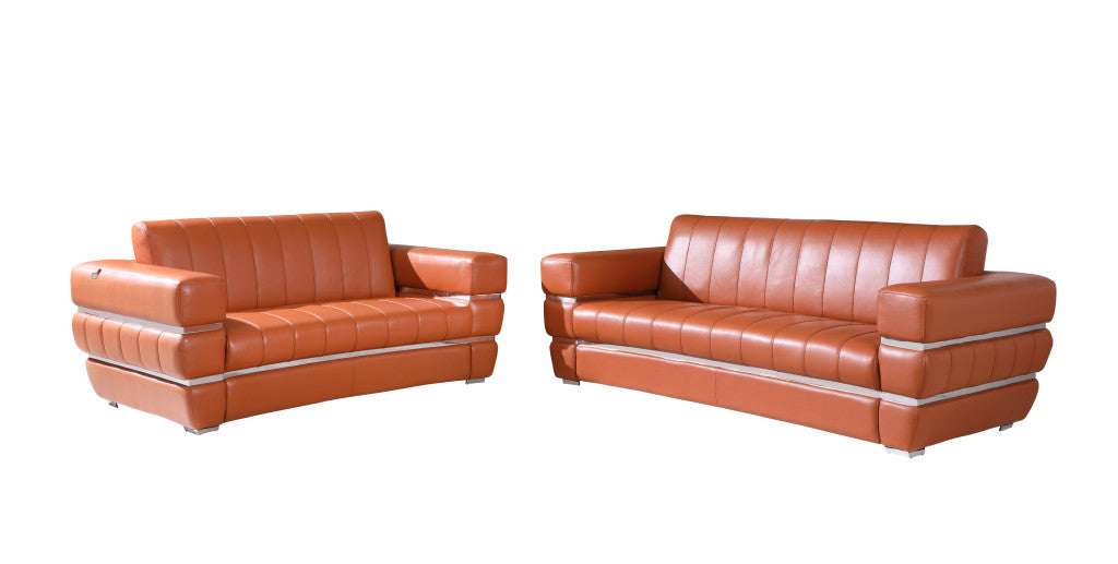 Modern 89" Wide Camel Top Grain Italian Leather 2 Piece Living Room Set