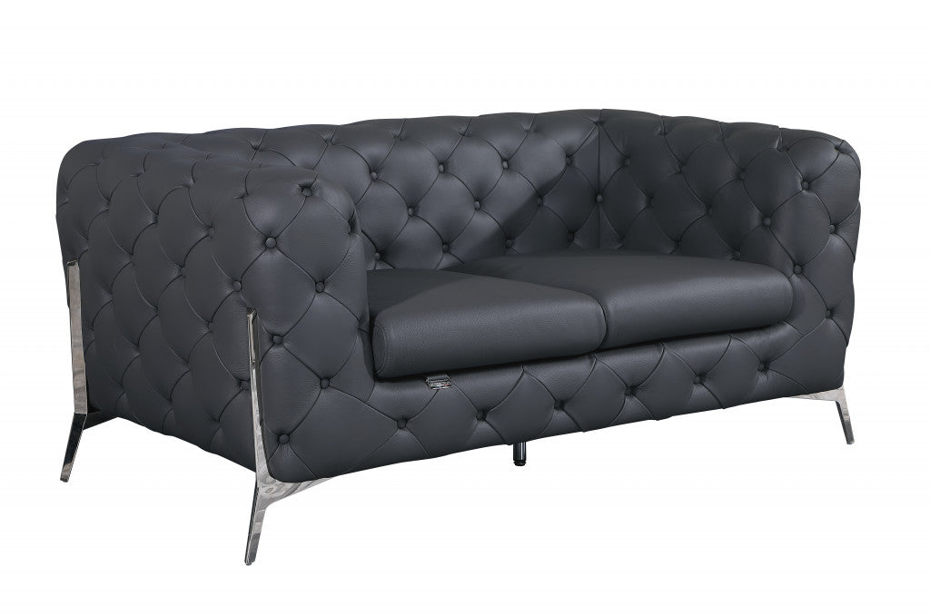 69" Modern Gray Italian Leather Loveseat with Silver Legs