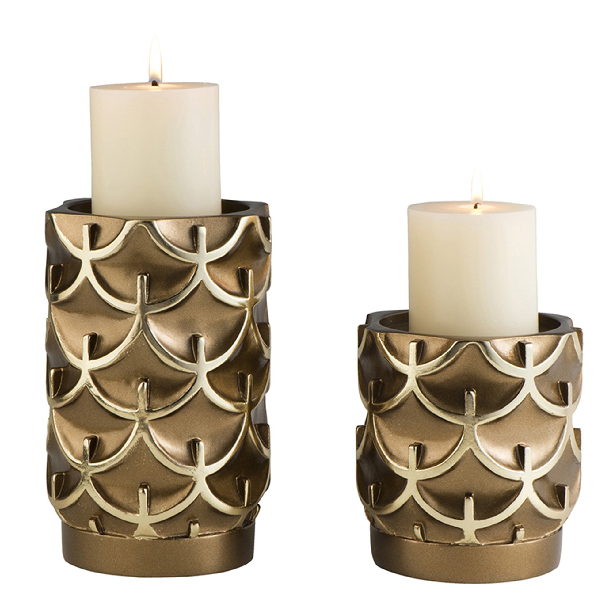 Set of 2 Antiqued Brass Pillar Candle Holders with Candles Included
