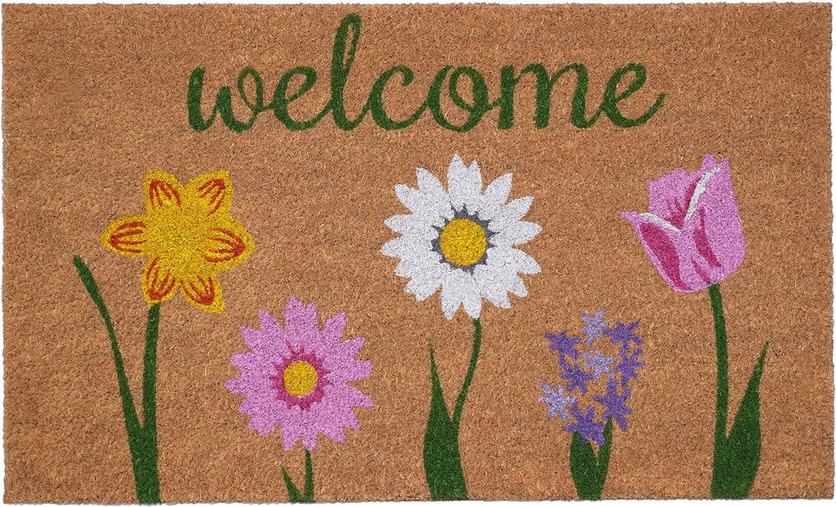 17" x 29" Natural Pink & Green Floral Coir Welcome Doormat