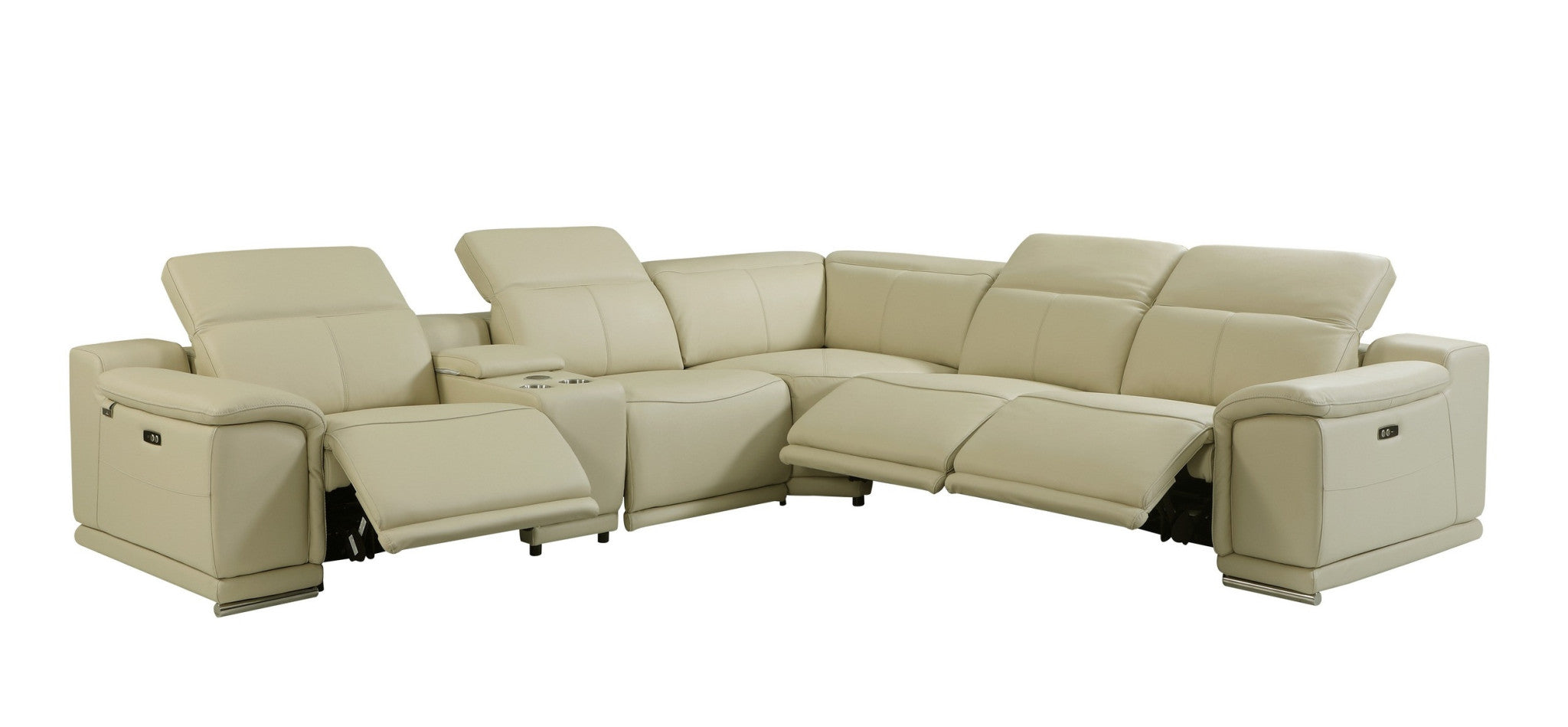 Modern Beige Italian Leather Power Reclining U-Shaped 6-Piece Symmetrical Corner Sectional