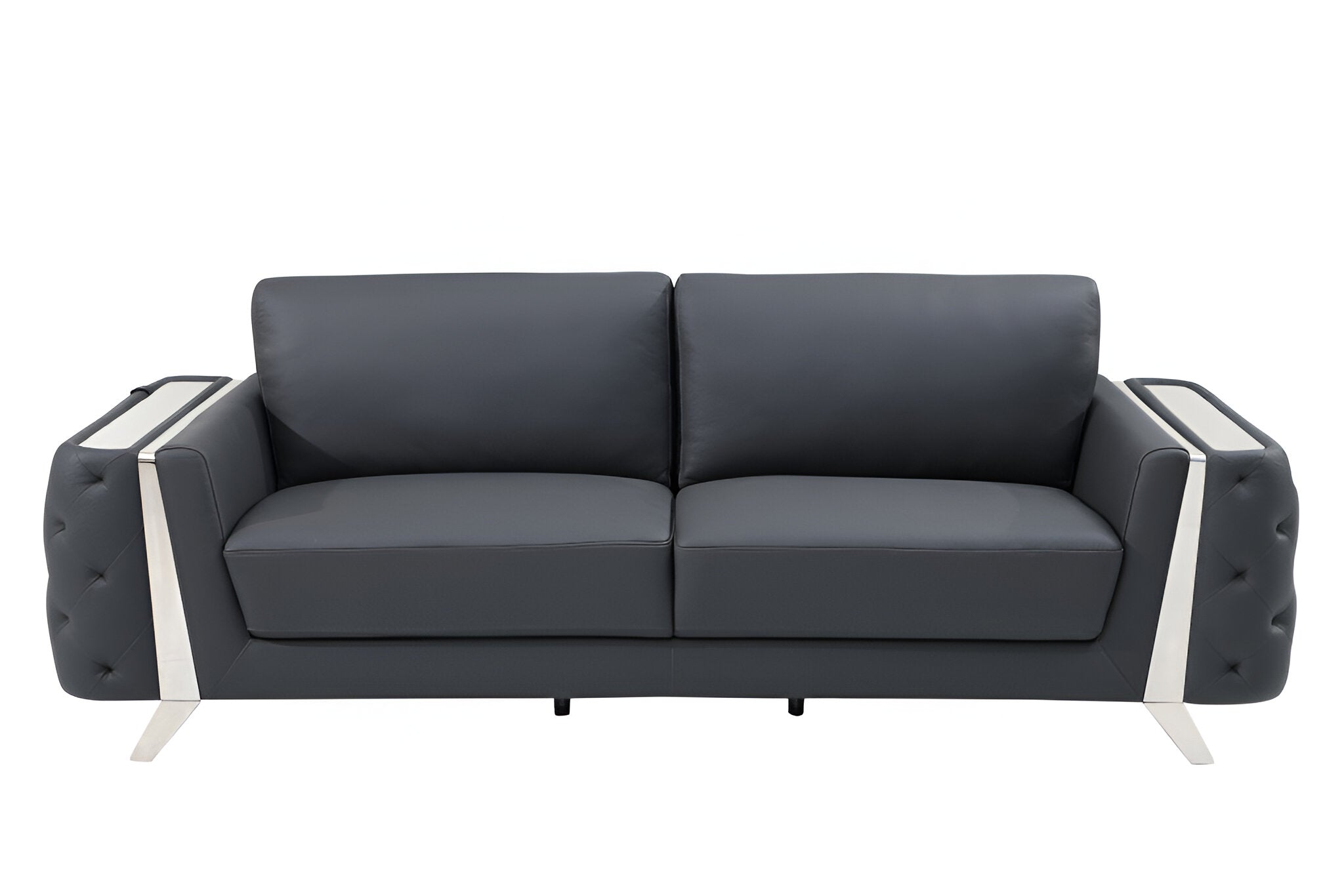 90" Contemporary Gray Italian Full Grain Leather Sofa with Silver Legs