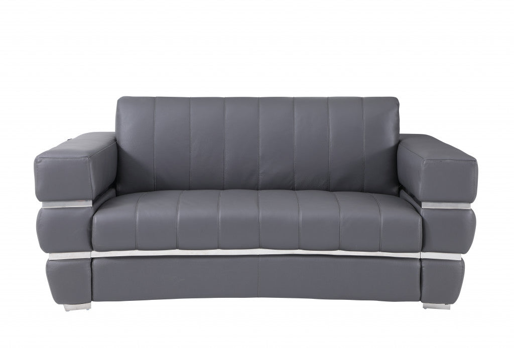 75" Modern Gray Italian Leather Loveseat with Silver Legs