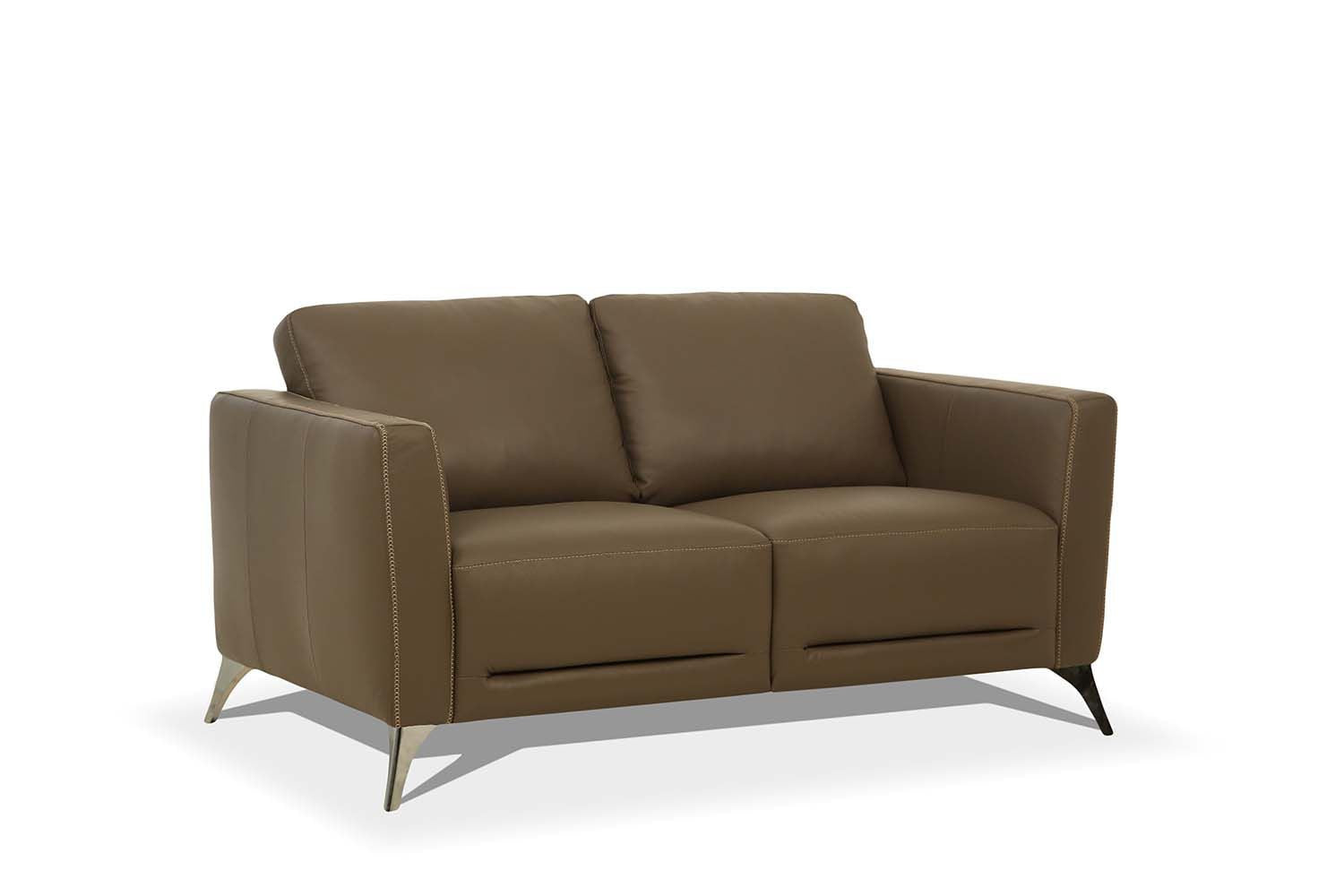 59" Contemporary Brown Genuine Leather Loveseat with Silver Legs