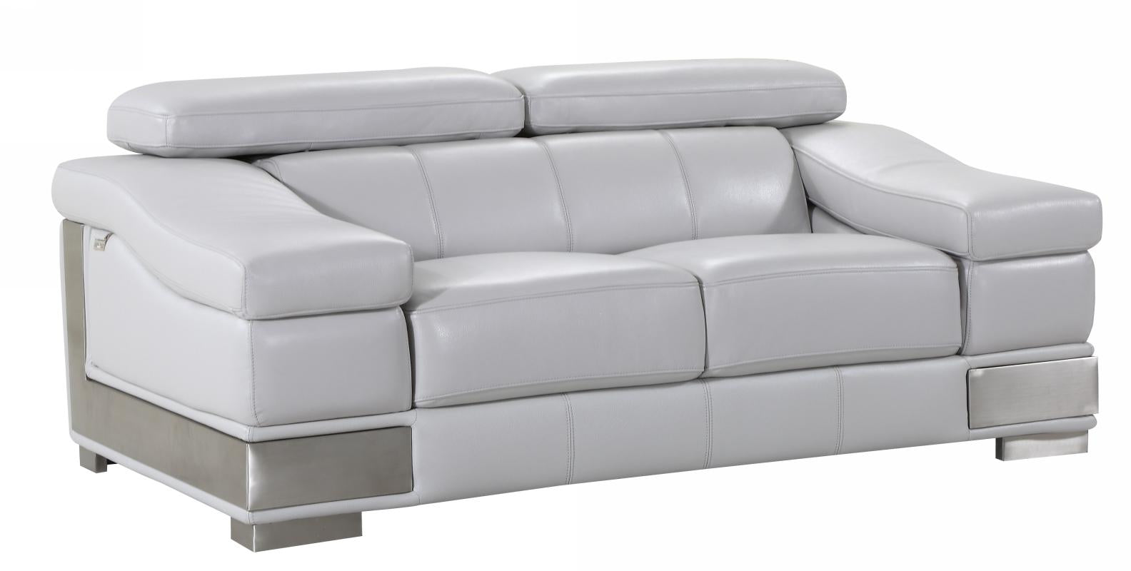 73" Contemporary Light Gray Genuine Leather Loveseat with Silver Legs
