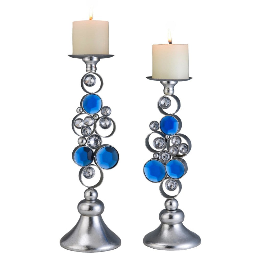 Set of 2 Silver and Blue Bling Pillar Candle Holders with Scented Candles