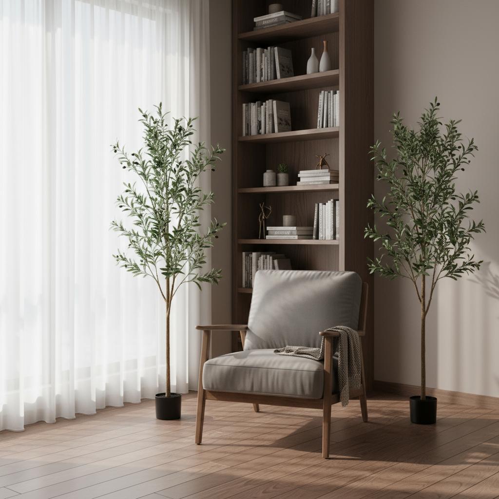 Set of 2 84" Large Artificial Olive Trees in Black Pots