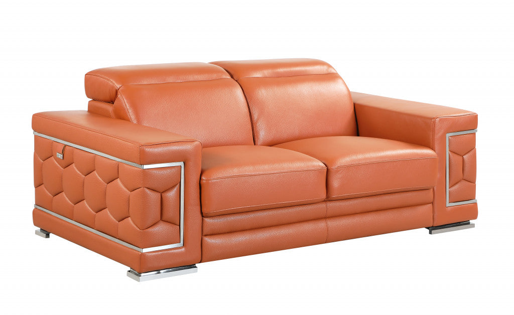 71" Camel Genuine Leather Loveseat with Silver Legs