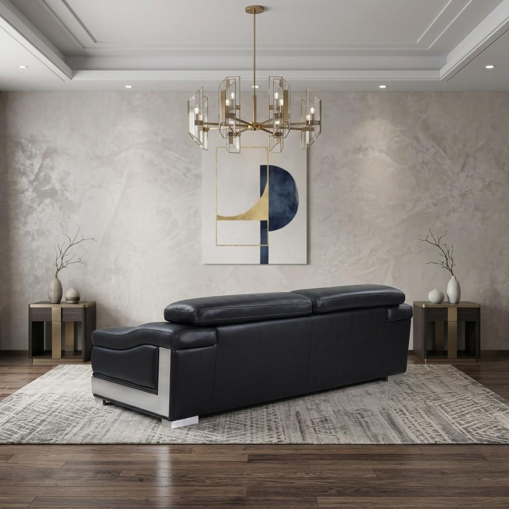 92" Contemporary Black Italian Leather Sofa with Silver Legs