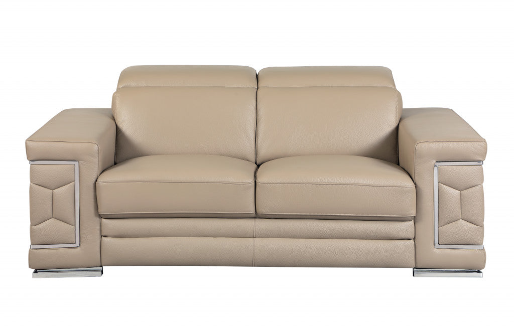71" Modern Beige Genuine Leather Loveseat with Silver Legs