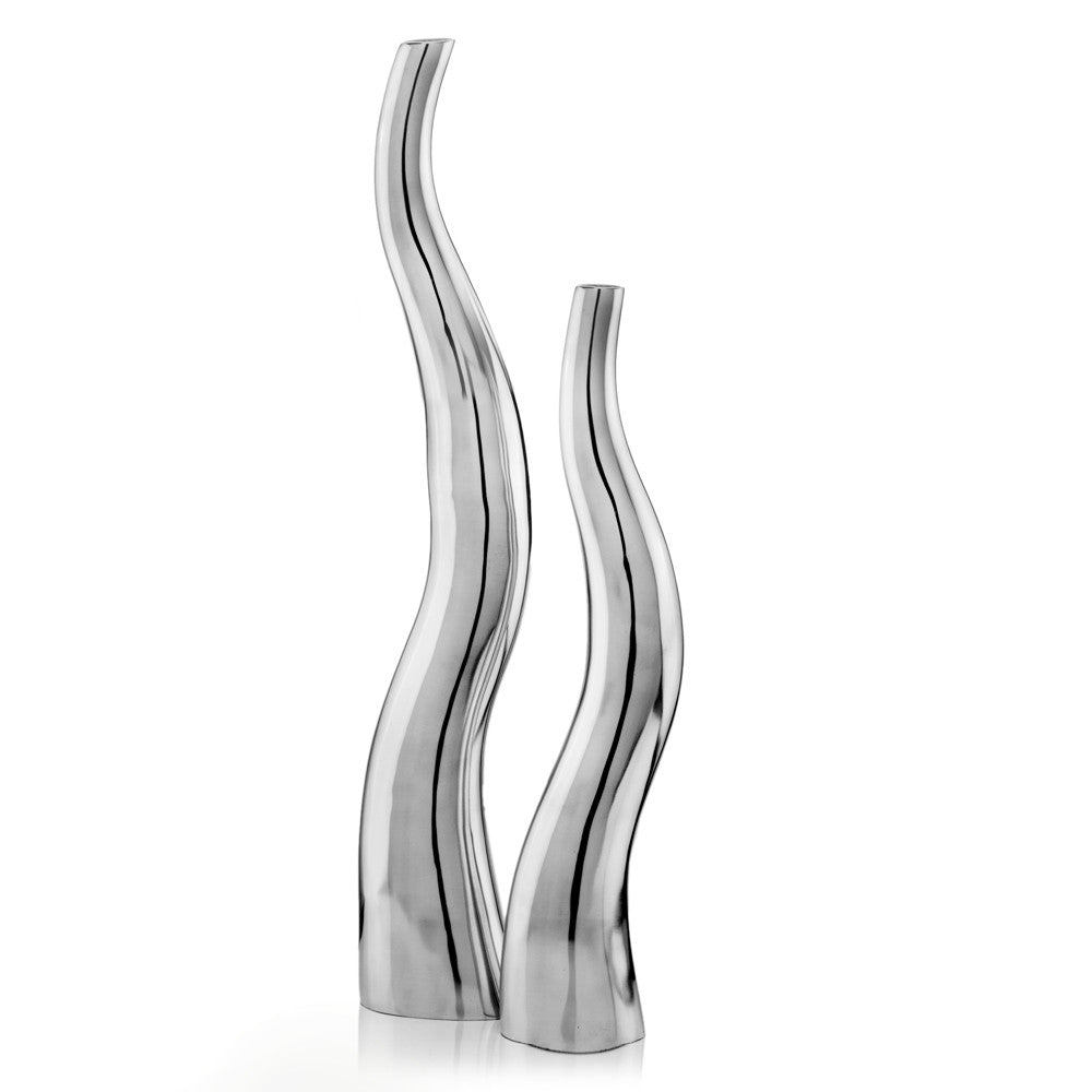 Set of 2 Tall Modern Silver Aluminum Squiggly Vases