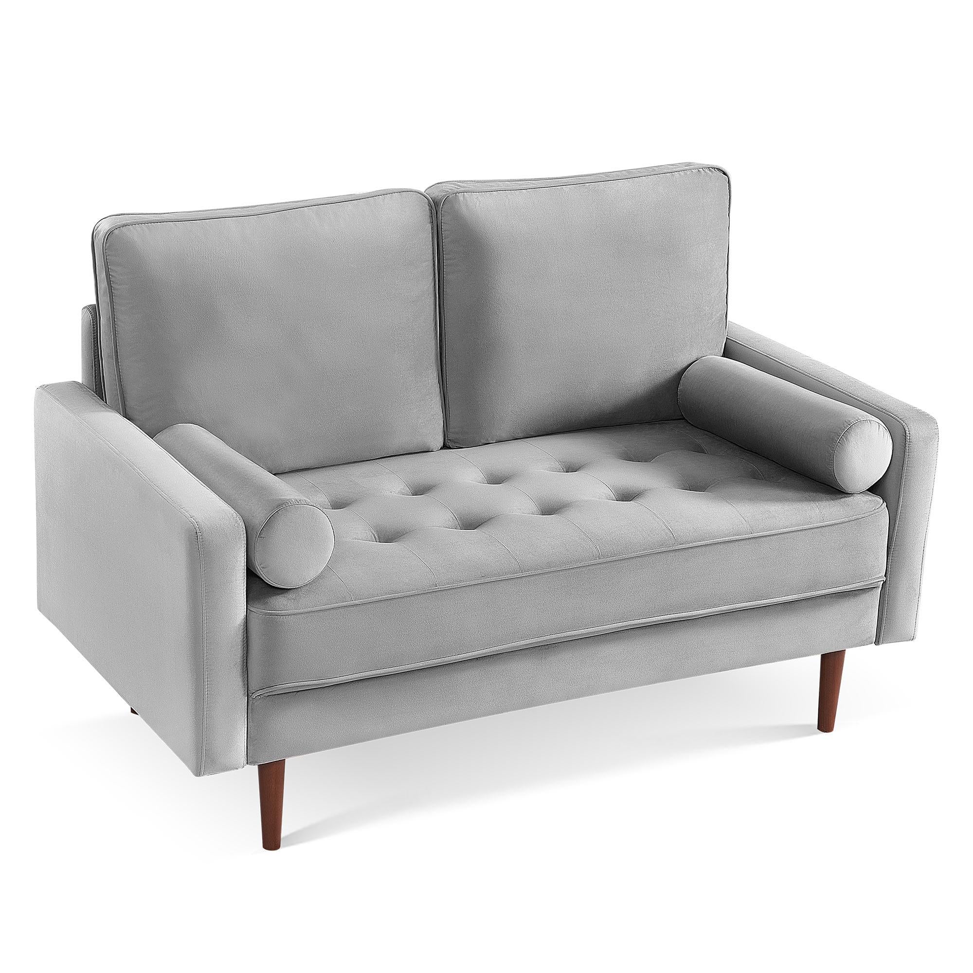 57" Mid-Century Gray Velvet Loveseat with Dark Brown Wood Legs