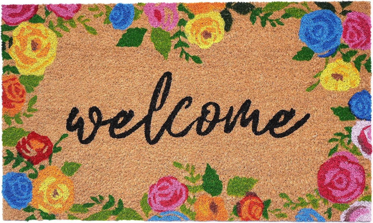 24" x 36" Natural & Black Coir Floral Welcome Outdoor Doormat