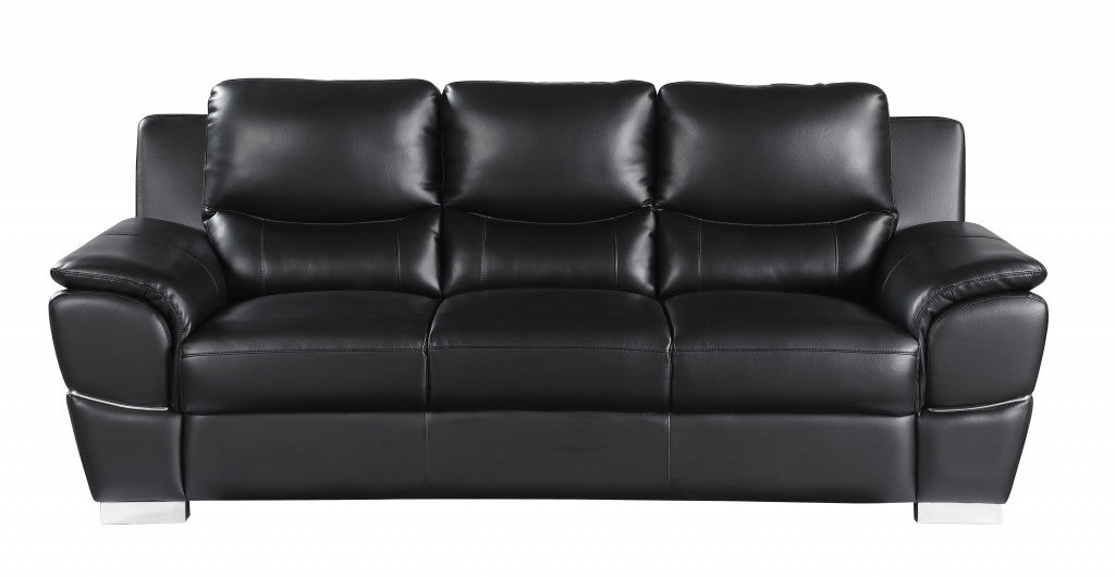85" Modern Black Leather Sofa with Silver Stainless Steel Legs