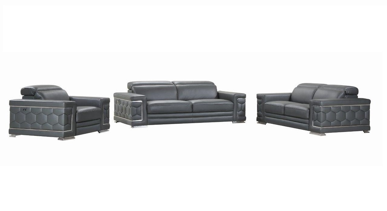 Modern Dark Gray Top Grain Italian Leather 3-Piece Living Room Set