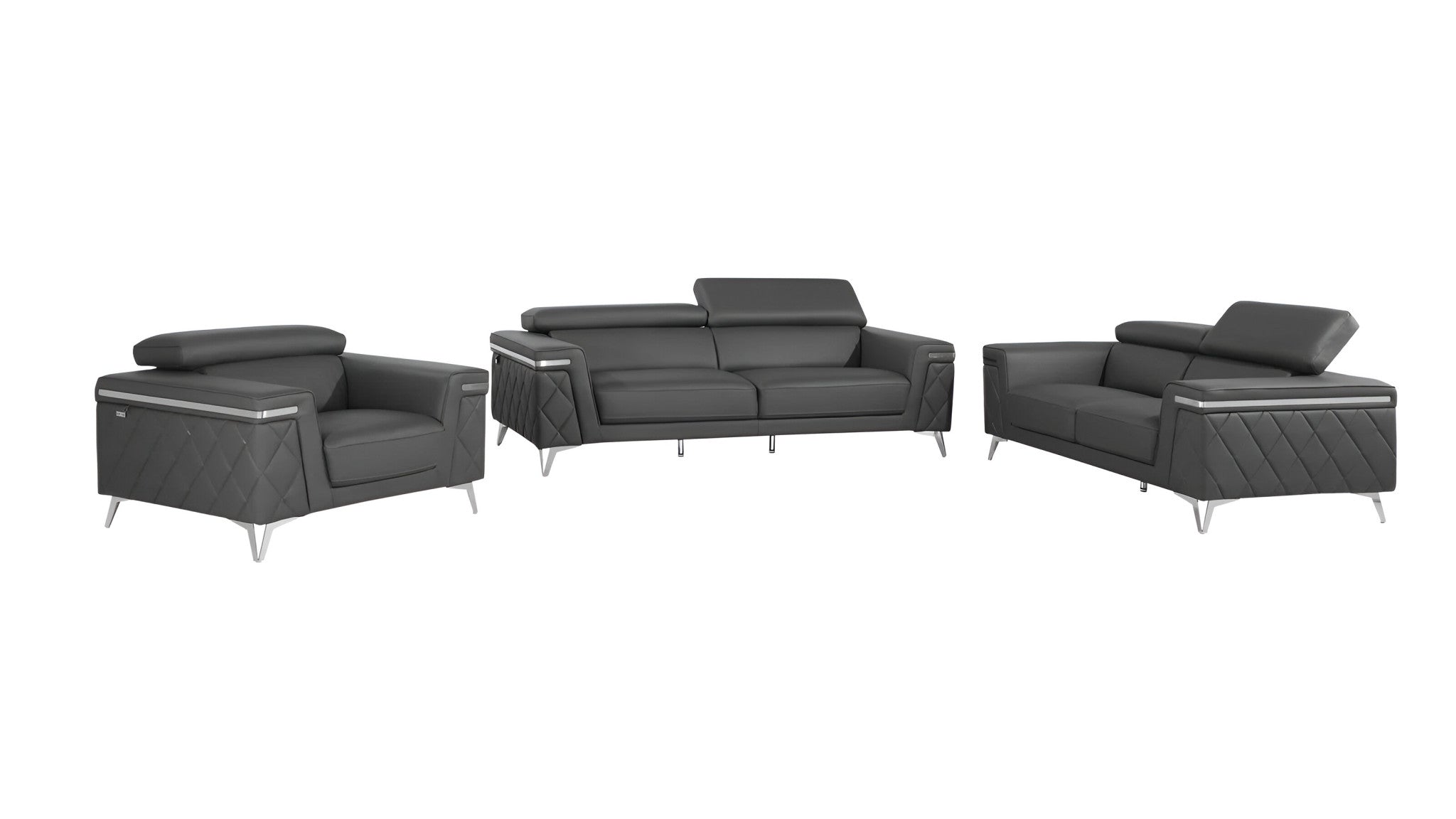 Contemporary 89" Charcoal Gray Top Grain Italian Leather 3-Piece Living Room Set