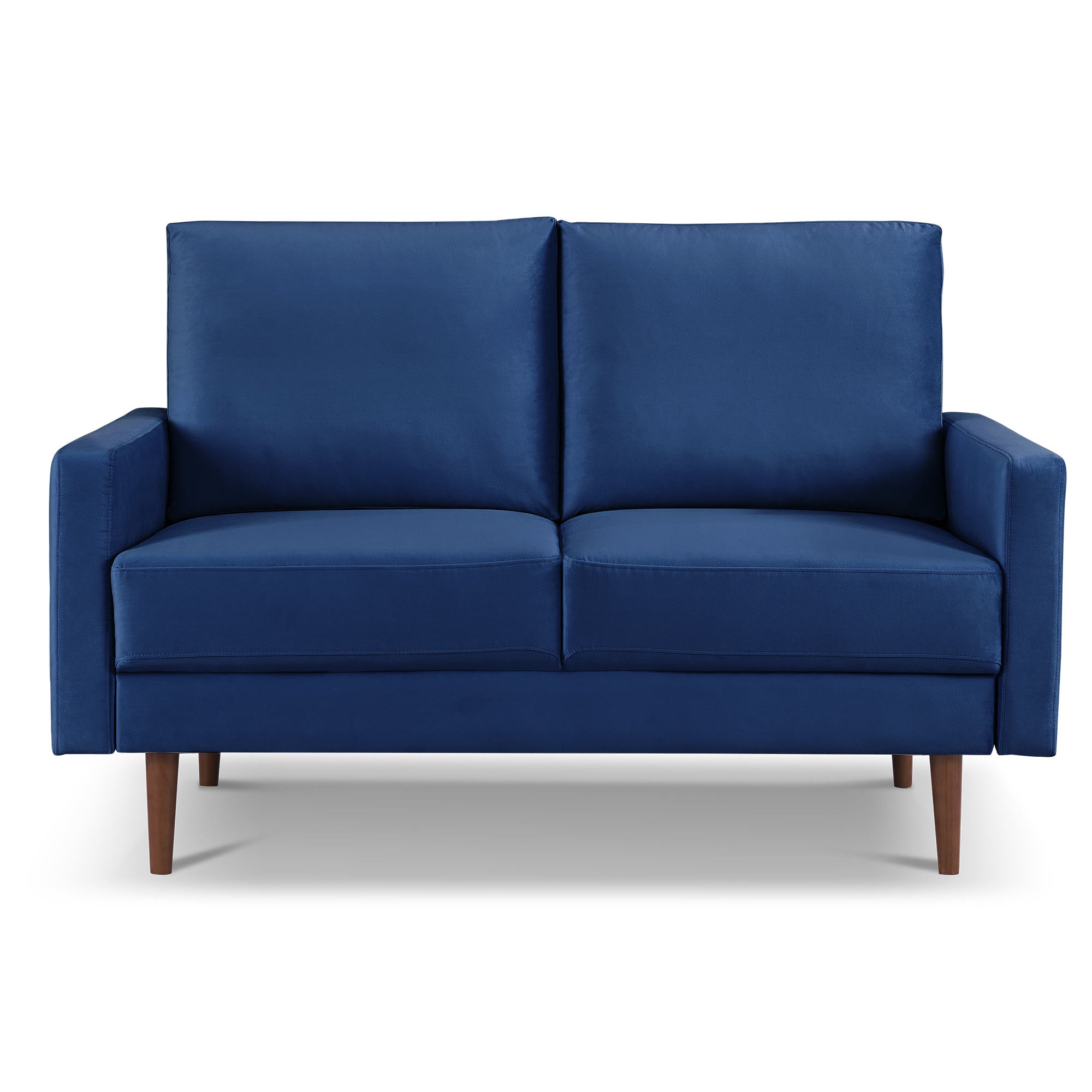 57" Modern Blue Velvet Loveseat with Dark Brown Wood Legs