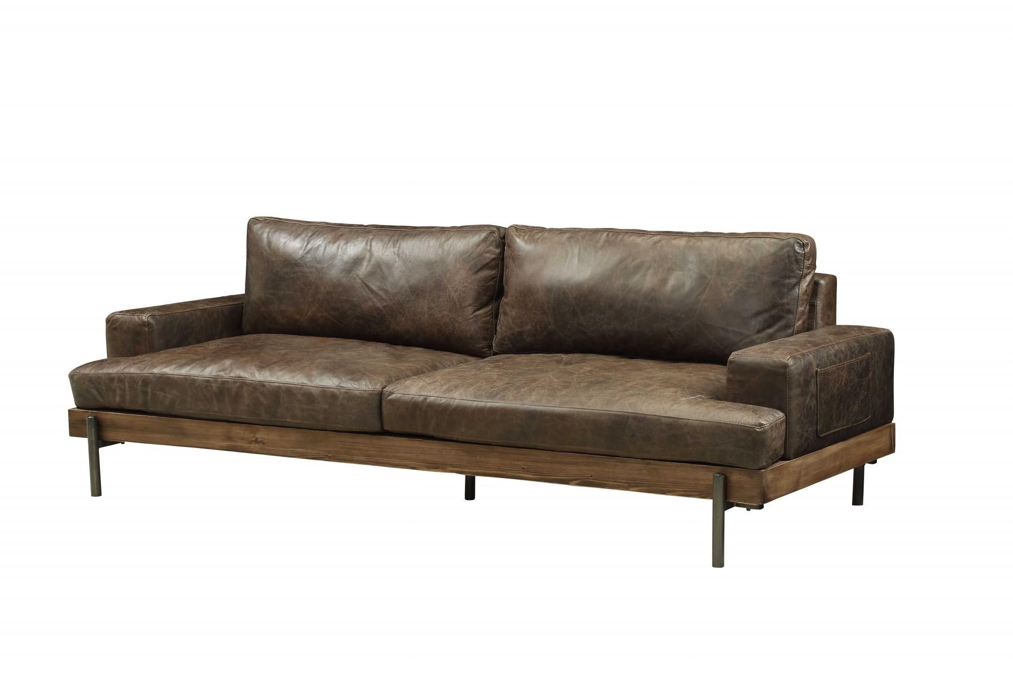 95" Modern Chocolate Top Grain Leather Sofa with Black Metal Legs