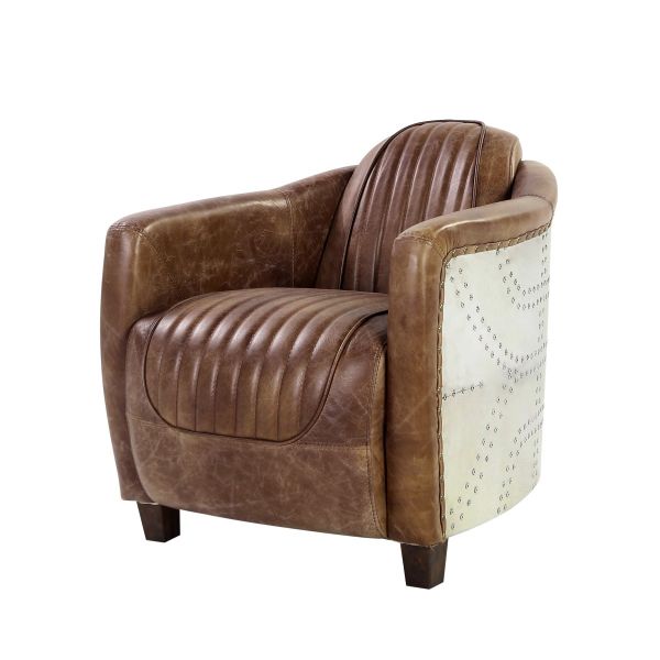 Industrial 29" Distressed Brown Faux Leather Barrel Chair