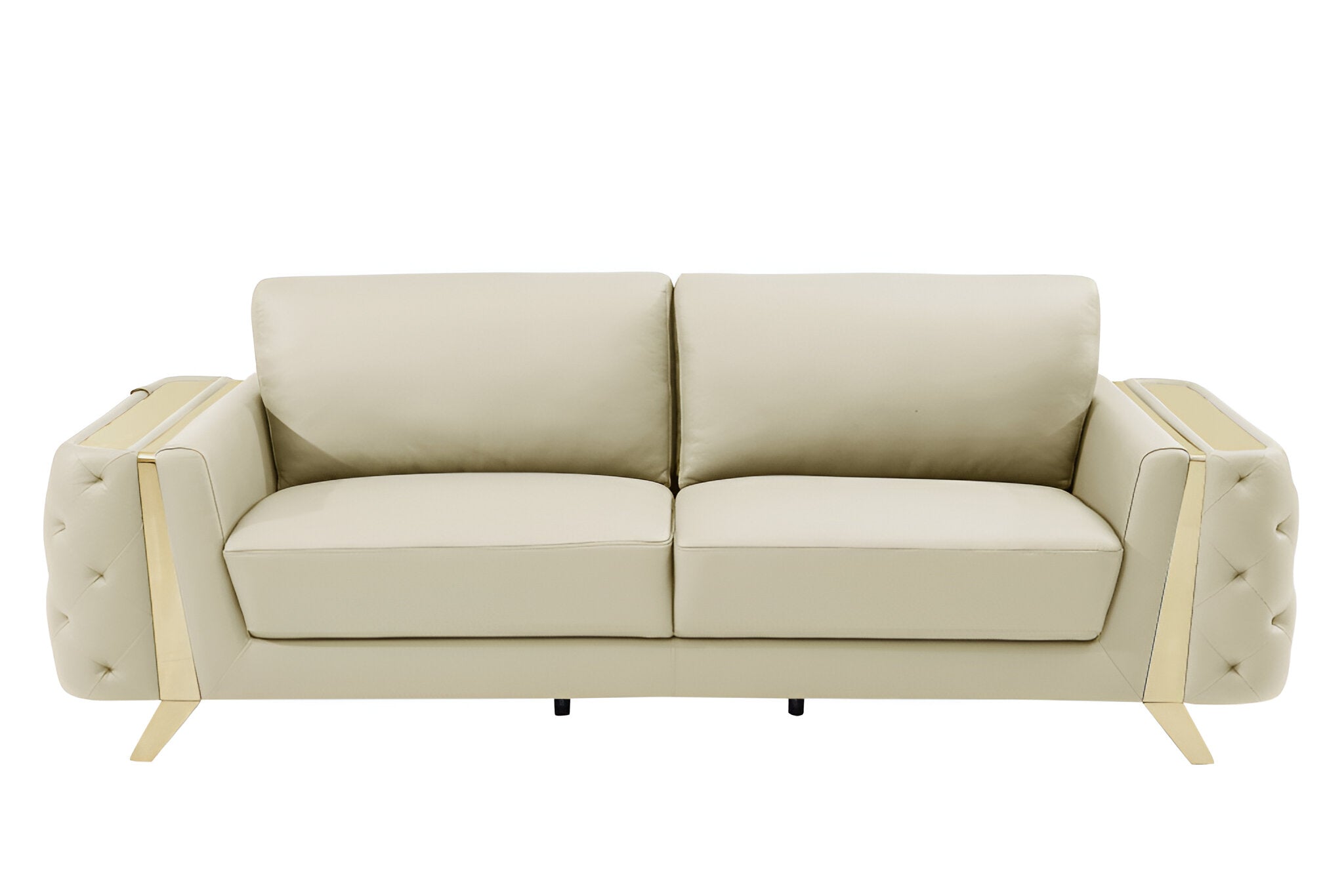 90" Contemporary Beige Italian Full Grain Leather Sofa with Gold Legs