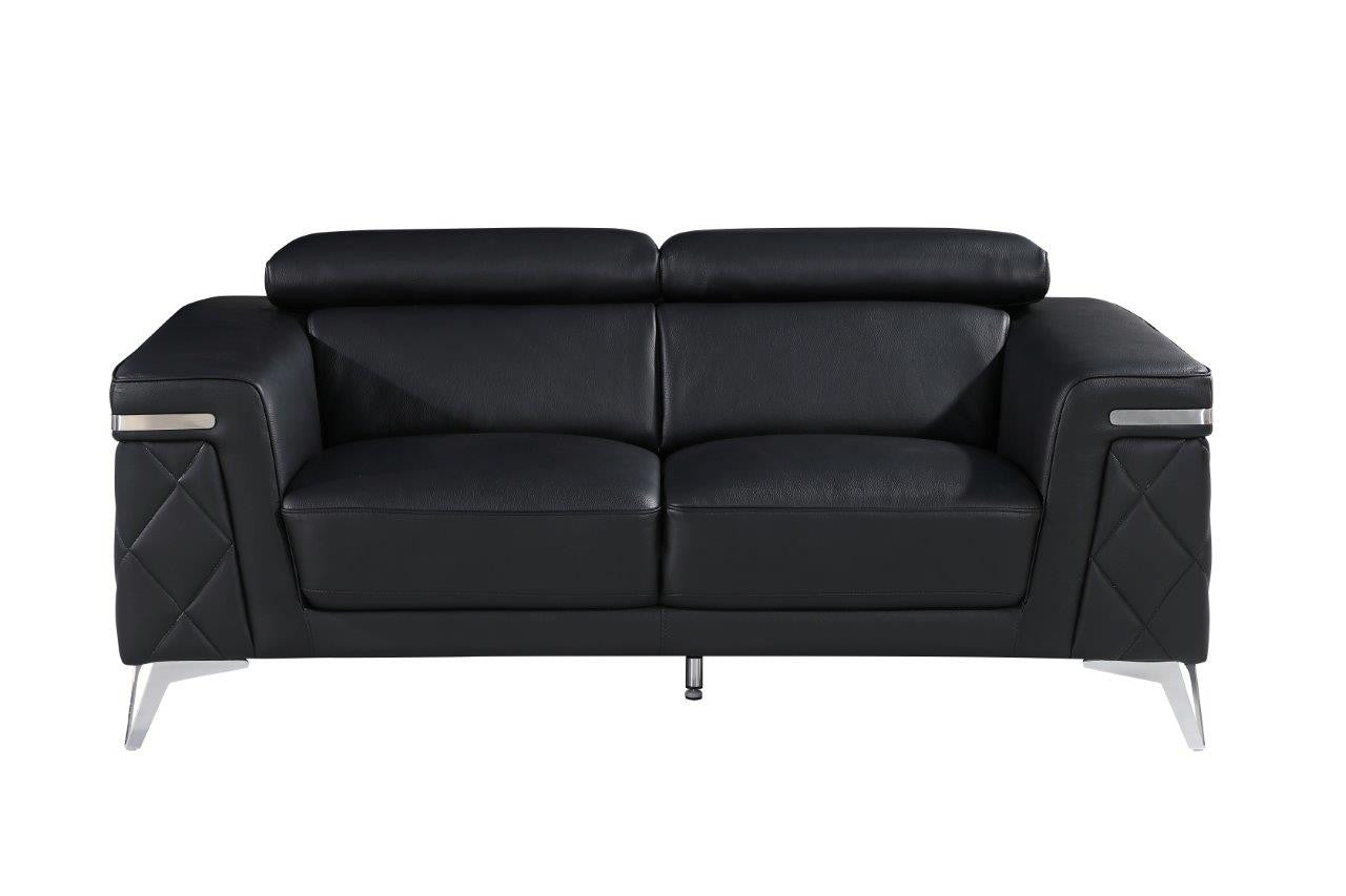 70" Contemporary Black Top Grain Leather Loveseat with Silver Metallic Legs
