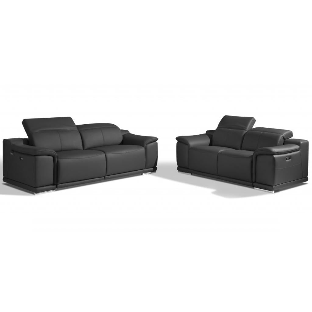 Modern 85.8" Dark Gray Top Grain Italian Leather Power Reclining Living Room Set