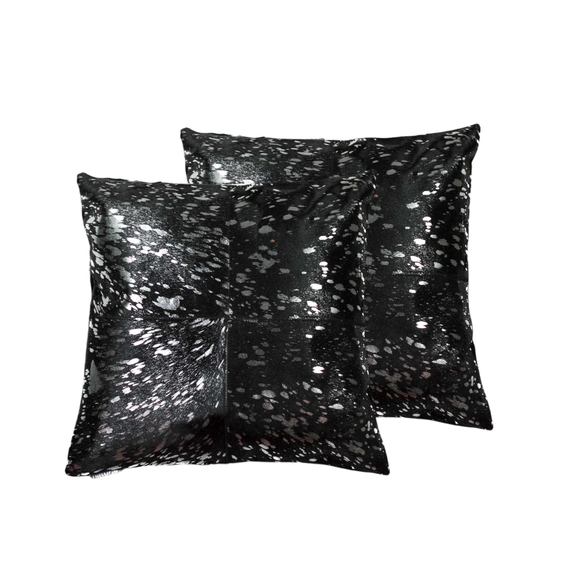 Black and Silver Cowhide Set of 2 Metallic Accent Throw Pillows