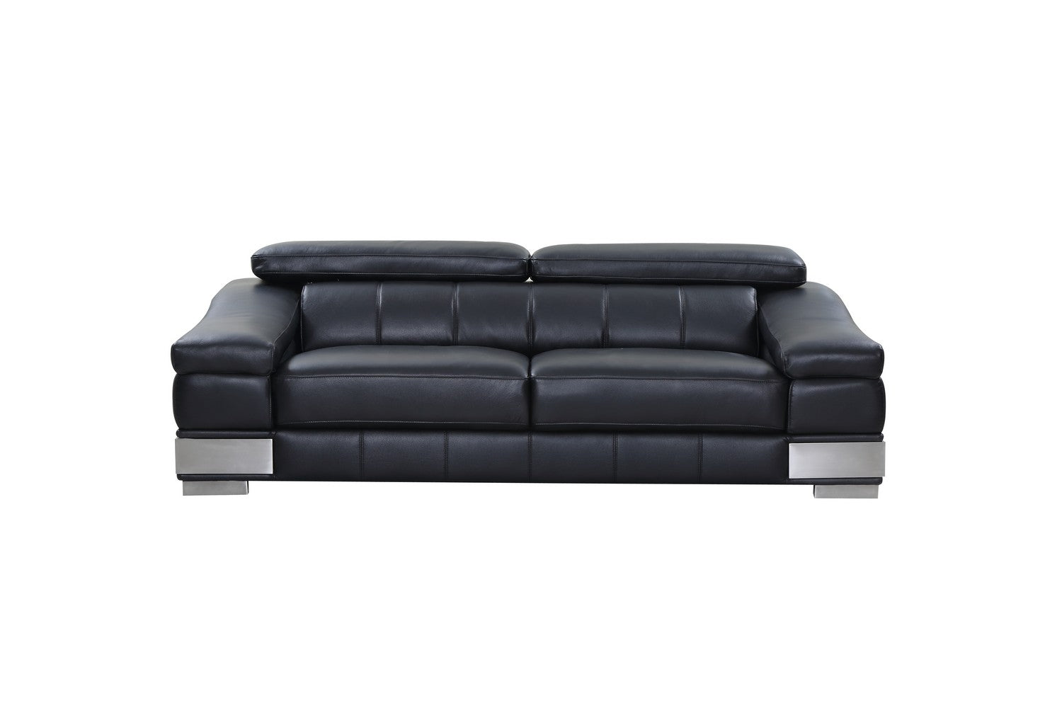 92" Contemporary Black Italian Leather Sofa with Silver Legs