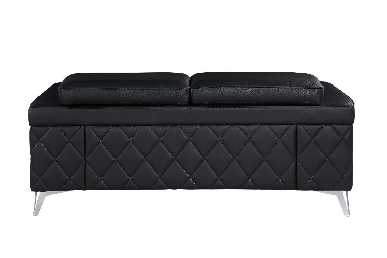 70" Contemporary Black Top Grain Leather Loveseat with Silver Metallic Legs